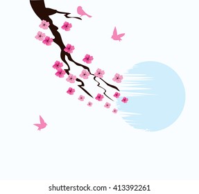 vector illustration of cherry blossom background with birds and moon