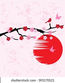 vector illustration of cherry blossom with birds