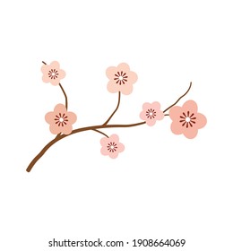 Vector illustration of cherry blossom branch with small pink flowers. Spring awakening concept. Logo design element for beauty products