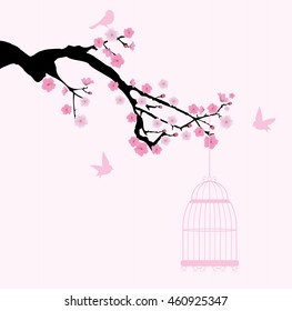 vector illustration of cherry blossom branch with birds and bird cage