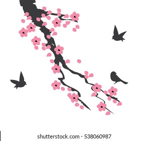 vector illustration of cherry blossom branch with birds