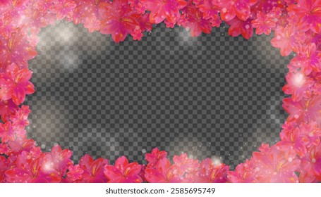 Vector illustration of a cherry blossom floral frame with pink petals swirling in the air. Stock vector illustration. Transparent background, glowing soft lights, and a dreamy atmosphere. Perfect for