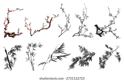 Ilustración vectorial de una flor de cerezo y rama de hojas de bambú en estilo tradicional. Pincelada de Naturaleza en la pintura china 