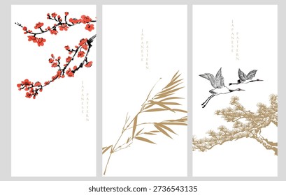 vector illustration of a cherry blossom flower, bonsai tree, crane birds and bamboo branch background. in traditional style.