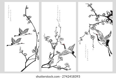 vector illustration of a cherry blossom flower branch and crane birds background. in traditional style.