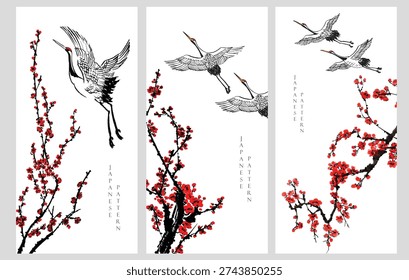 vector illustration of a cherry blossom flower, bonsai tree, crane birds and bamboo branch background. in traditional style.	