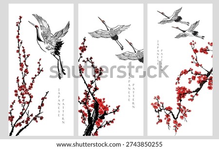 vector illustration of a cherry blossom flower, bonsai tree, crane birds and bamboo branch background. in traditional style.	