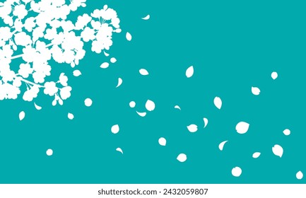 Vector illustration of cherry blossom silhouette background with falling petals (green)