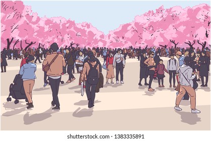 Vector illustration of cherry blossom viewing festival crowd in Ueno Park, Tokyo