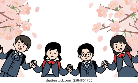 Vector illustration of cherry blossoms and elementary school children