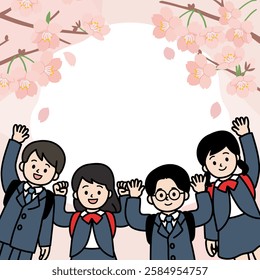 Vector illustration of cherry blossoms and elementary school children