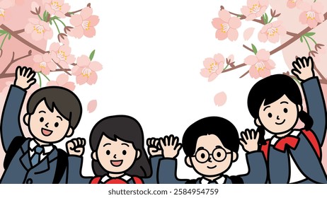 Vector illustration of cherry blossoms and elementary school children