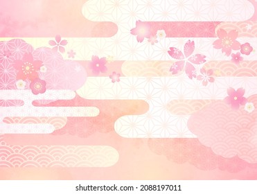 Vector illustration of cherry blossoms and Japanese pattern clouds