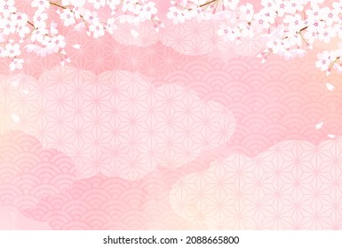 Vector illustration of cherry blossoms and Japanese pattern clouds