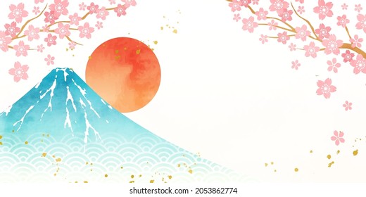 Ilustración vectorial de flores de cerezo y acuarela del monte Fuji (fondo)