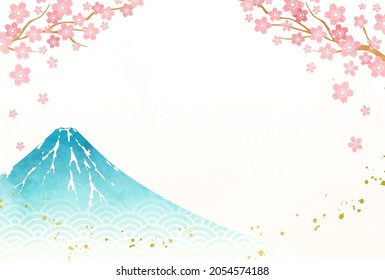 Ilustración vectorial de flores de cerezo y acuarela del monte Fuji (fondo)