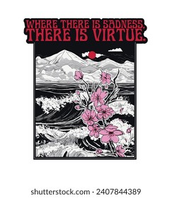Vector illustration of cherry blossoms and ocean waves illustration. Mountain landscape in the background.