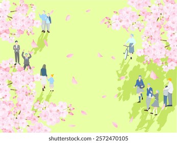 Vector illustration of cherry blossoms and people including students walking on the lawn vector background with falling cherry blossoms.