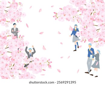 Vector illustration of cherry blossoms and students, male and female, full body, graduation, entrance, background with falling cherry blossoms.