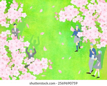 Vector illustration of cherry blossoms and students walking on the lawn - graduation and entrance - vector background with falling cherry blossoms.