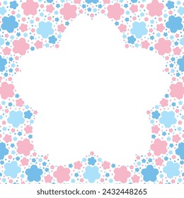 Vector illustration of Cherry blossom-shaped frame filled with three-colored cherry blossom silhouettes (pink, blue, light blue)