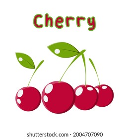 vector illustration of a cherry. bright cherry illustration image. cherry with the name on it. three tropical fruits in one set. fruit illustration with cute cartoon style.