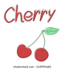 Vector illustration of cherry in cartoon style, hand drawn cherry flashcard - worksheet for children. Education game for kids. The word fruit cherry.