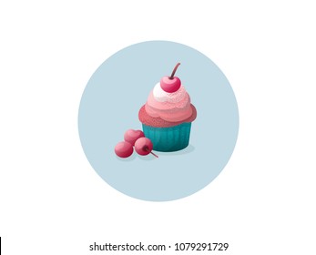 Vector Illustration Cherry cupcake in blue circle 