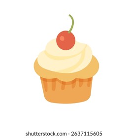Vector Illustration of Cherry Cupcake with Cream Topping and Red Berry on Top Isolated on White Background