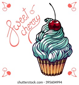  Vector illustration of cherry cupcake isolated on white background.