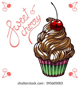  Vector illustration of cherry cupcake isolated on white background.
