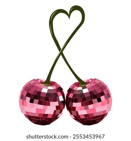 Vector illustration of cherry disco balls with heart-shaped stems. Glossy mosaic texture on cherries, elegant design for creative projects, posters, party themes