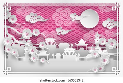 Vector illustration of cherry flowers branch, china town village on pink background with clouds, oriental vintage pattern frame for chinese new year greeting card, poster or banner, paper cut style