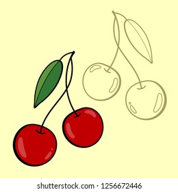 Vector illustration of cherry fruits and cherry leaf