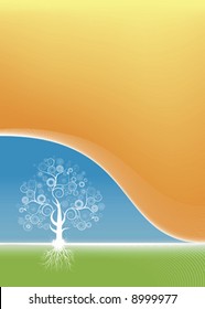 Vector illustration of a cherry green, blue and yellow/orange background with spiral artwork tree and roots, grunge splatter and lined blends.