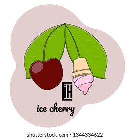 vector illustration cherry with ice cream in a cup on a handle and with leaves on a pink background with the logo of ice cherry for business use and packaging design.