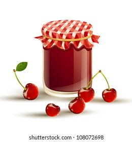 Vector illustration of cherry jam and fresh cherries