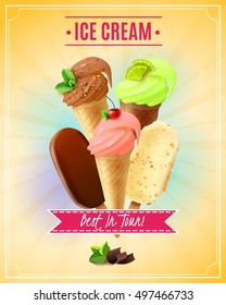 Vector illustration with cherry pistachio chocolate ice cream in waffle cones and nuts eskimo pie in realistic style