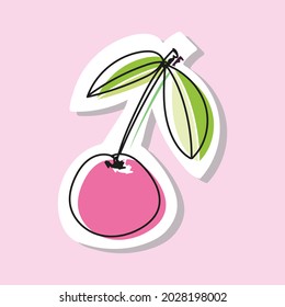 Vector illustration of cherry or sweet cherry in doodle style. Drawing with an offset outline. Hand drawn icon and symbol for print on baby clothes, sticker, textile design. Cartoon design elements. 