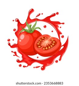 Vector illustration, cherry tomatoes whole and half, with splashes of juice, isolated on white background.