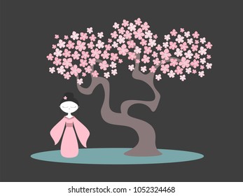 Vector illustration of a cherry tree in blossom. Sakura tree, japanese girl. Vector illustration.