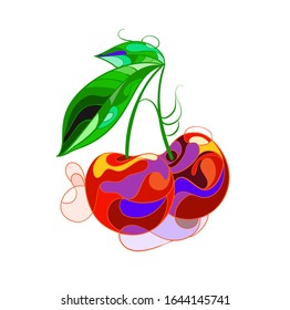 Vector illustration of a cherry. Two cherries on a twig with leaves.