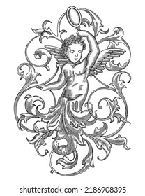 Vector Illustration of cherub angel with Engraving decoration ornament