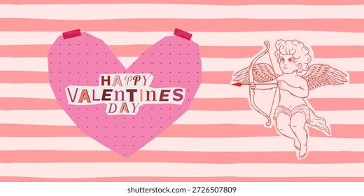 Ilustración vectorial de un querubín sosteniendo un arco y una flecha cerca de un corazón grabado sobre un fondo de rayas rosadas