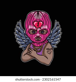 Vector illustration of a cherub in a pink balaclava with wings and heart.