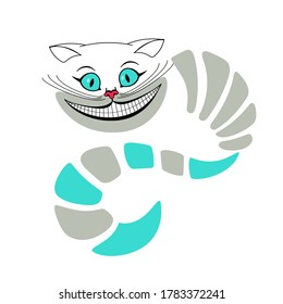 Vector illustration of a Cheshire cat with a body and a tail. Alice in Wonderland. Cat face. The head of a cat with a large mustache. The Cheshire cat smiled. Flat. svg