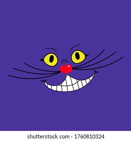 Imagen vectorial del gato de cheshire. Alicia en el país de las maravillas. La cara del gato. La cabeza de un gato con un bigote grande. Sonrisa del gato de Cheshire. Plano. 