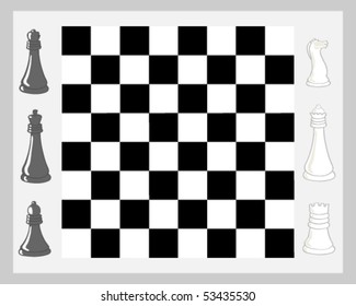 vector illustration of a chess board and a selection of pieces