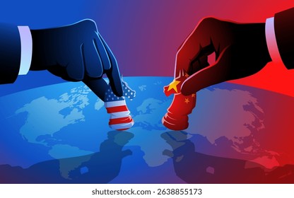 Vector illustration of a chess game between the United States and China played over a world map, symbolizing their strategic moves and competition for global influence