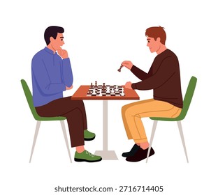 Vektorgrafik eines Schachspielturniers. Cartoon-Szene von zwei Männern sitzen an einem Tisch mit einem Schachbrett, Felder, Schachfiguren, macht Züge einzeln auf weißem Hintergrund. Strategisches Denken. 
